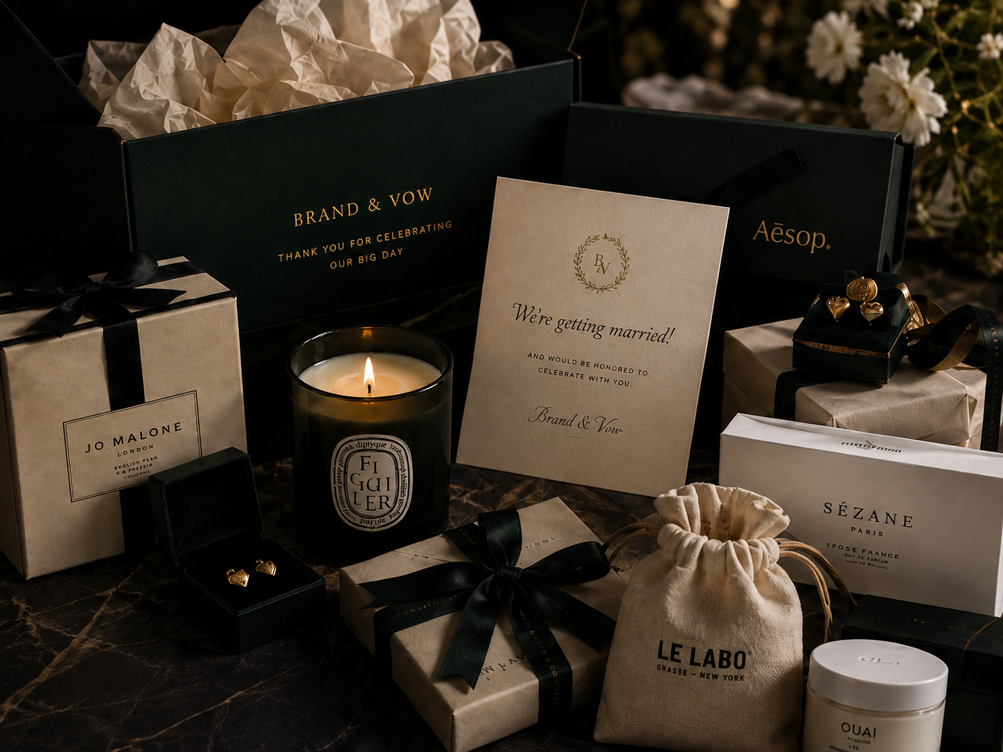 Luxury wedding gift flat-lay with Brand & Vow announcement card, candle, and curated gifts